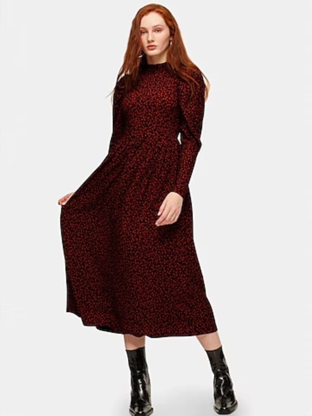 Topshop Black Cottage Modest MIDI Dress with Brown Spot Print